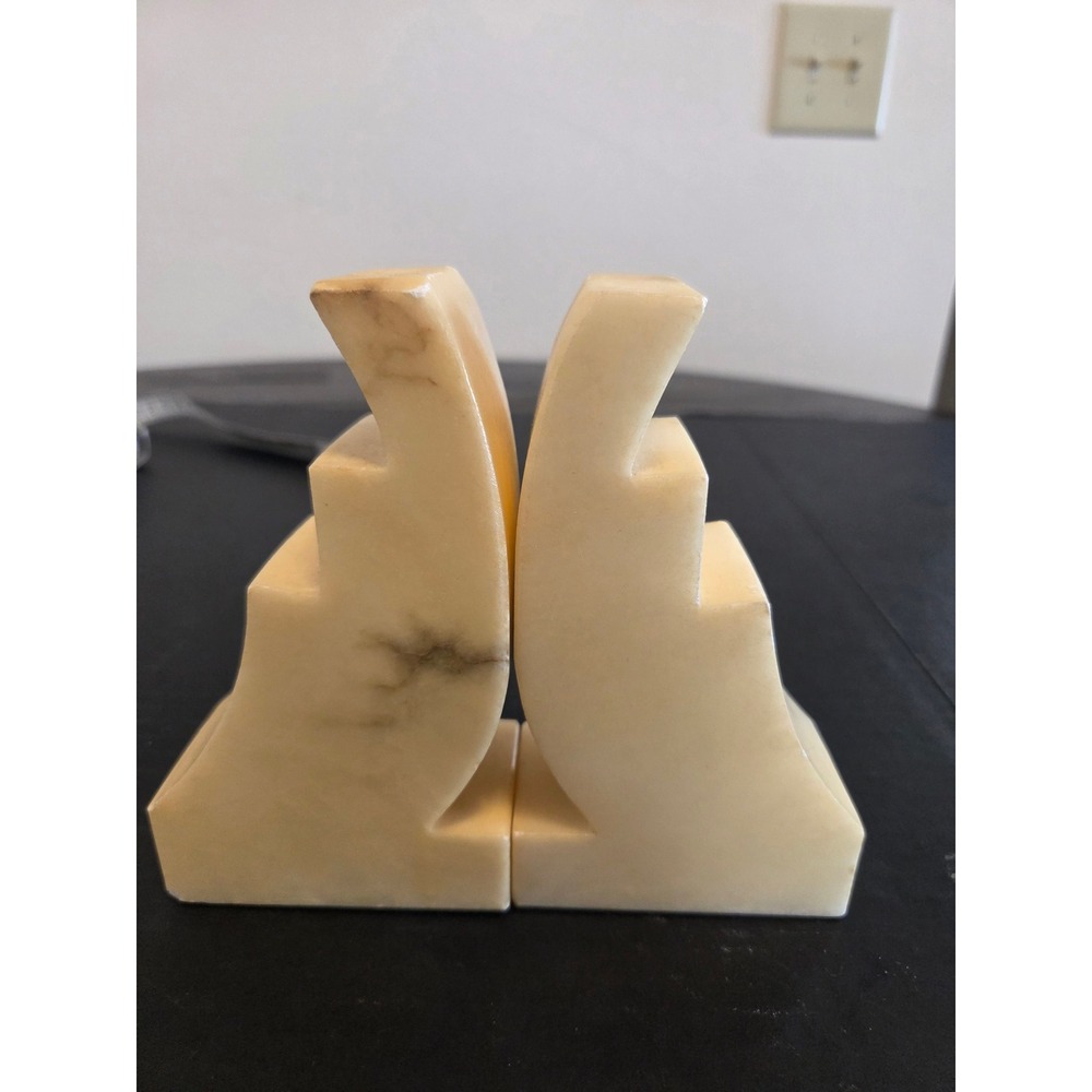 Vintage Italian Hand Carved Alabaster Bookends Art Deco Stepped Geometric Stone